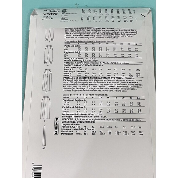 Vogue Sewing Pattern V1873 Misses' & Misses' Petite Pants Size B5 (8-16) UNCUT - Picture 3 of 9